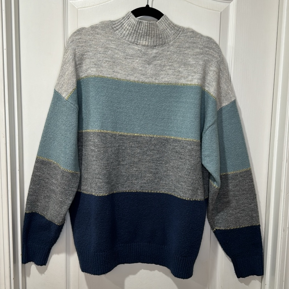 H Halston mock neck sweater, blue and gray striped with gold detail, size L - Picture 7 of 14